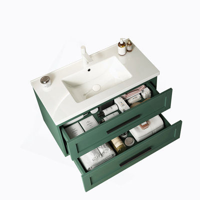 Meuble-lavabo 36 po avec lavabo, meuble-lavabo mural moderne avec 2 tiroirs (sans armoire latérale), lavabo en céramique blanc sans robinet, vert