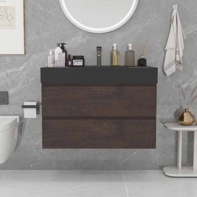 Grand meuble-lavabo mural avec rangement Modern, Noyer, Noir, noir, noir, noir