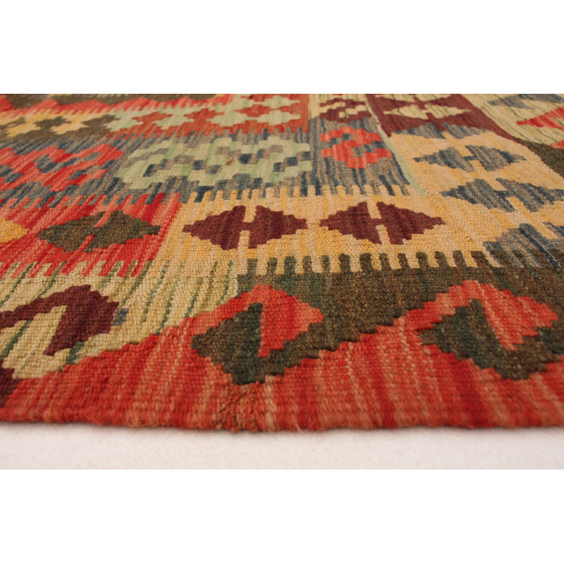 Tapis crème/rouge foncé/vert clair fait main kilim geometric Bianco