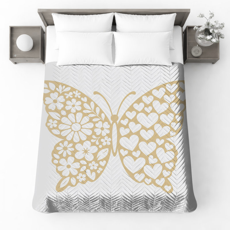 Butterfly Floral Hearts Quilted Thin Bedspread, Queen