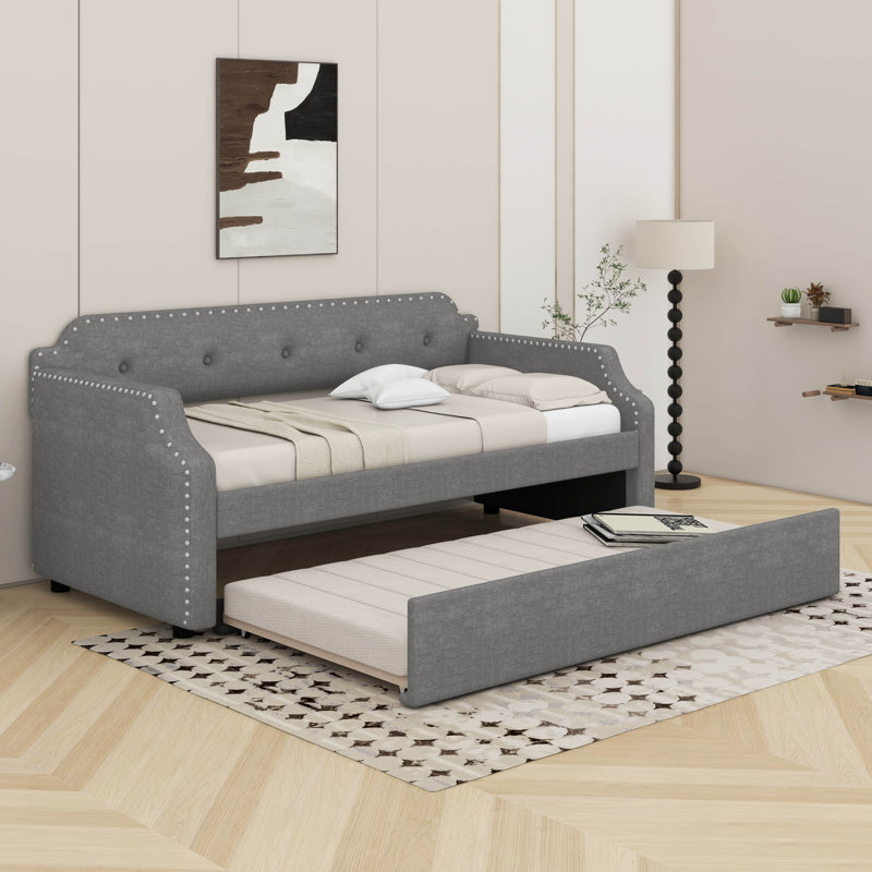 Twin Upholstered Daybed With Trundle, Gray