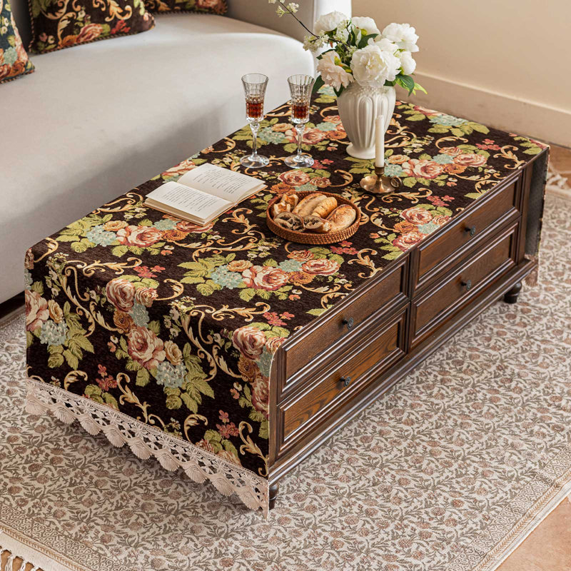 Nappe de table basse antidérapante en chenille à motif floral vintage avec bordure en dentelle, Fleury Glory Mocha Brown, 60,2 cm x 160 cm