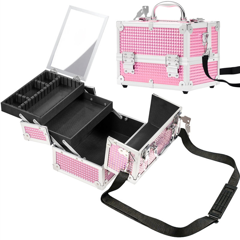 Étui de rangement portatif pour cosmétiques avec miroir, Glitter Pink