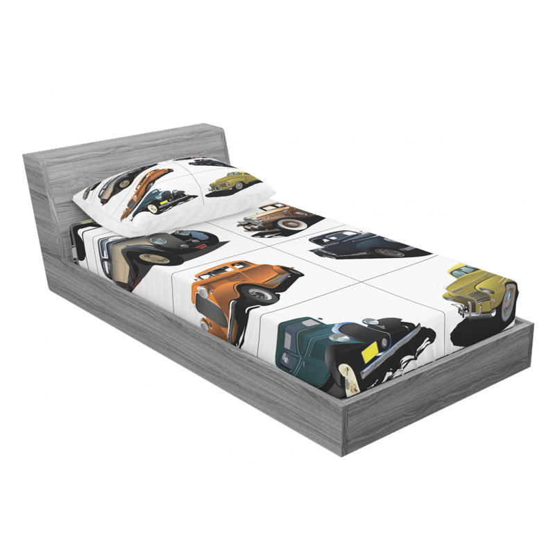 Twin White Microfiber Sheet Set with Vintage Car Print