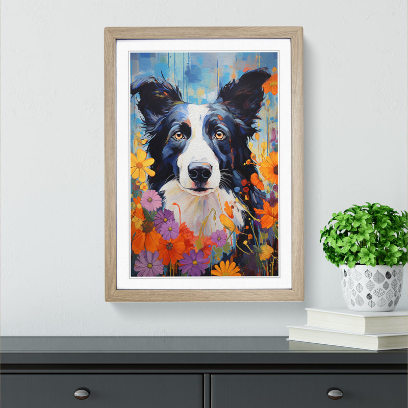 Border Collie Expressionism No.2 - Single Picture Frame Print on Wood, Oak, 34cm H x 25cm W x 2cm D