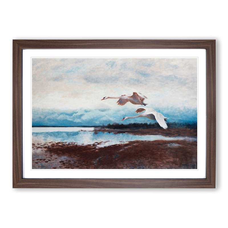 Swans in Flight Vol.2 by Bruno Liljefors - Picture Frame Painting, 27cm H x 36cm W x 2cm D, Walnut Framed