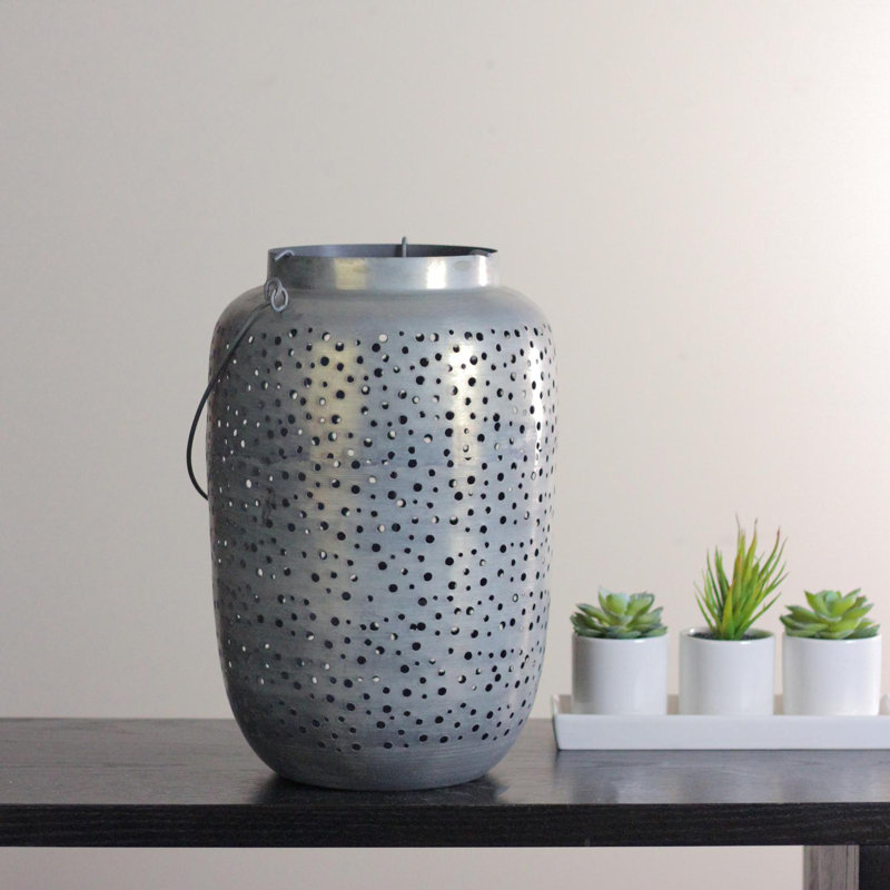 Botanic Beauty Gray Cut-Out Pillar Candleholder Lantern, 21" H x 8.5" W x 8.5" D