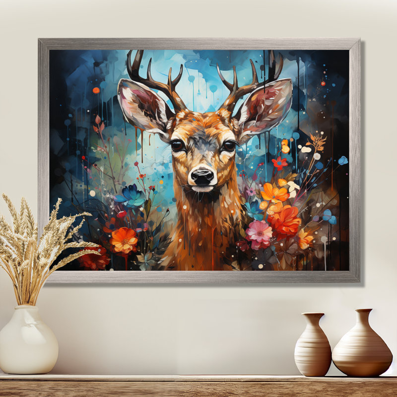 Art mural sur toile, "Deer Graceful Fawn Collage II", H 12 po x l 20 po x P 1 po, Cadre flottant doré