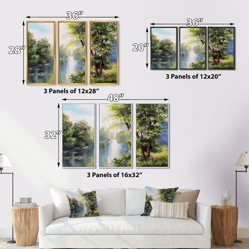 Paysage - Lake In The Forest Summer Day - Lake House, ensemble de 3 toiles d'art encadrées, H 28 po x l 36 po, Noir