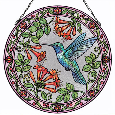 Hummingbird Floral Stained Glass Window Panel，12"H