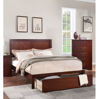 Rustic Style 1Pc California King Size Bed Two Panel Headboard Footboard Drawer Cherry Finish Bedroom Furniture