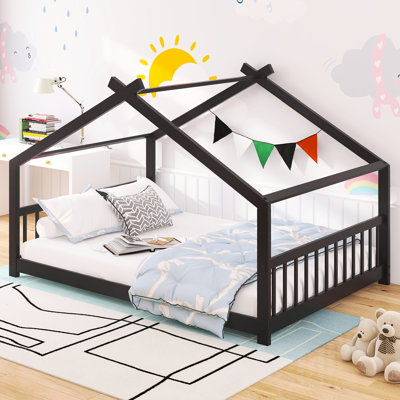 Lit double pleine grandeur, cadre en bois de pin, toit de maison de jeu, offre un espace de détente et de paix pour la taille, bois de pin, toit et sommeil agréable