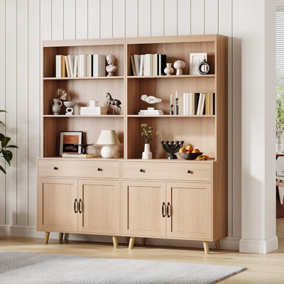 Tall Bookshelf with Storage Cabinet, 72.4" Wood Bookcase with 4 Doors and 2 Drawer & Open Shelves, Freestanding Display Bookshelves for Home Office, Living Room, Bedroom, Kitchen (2 Pcs)
