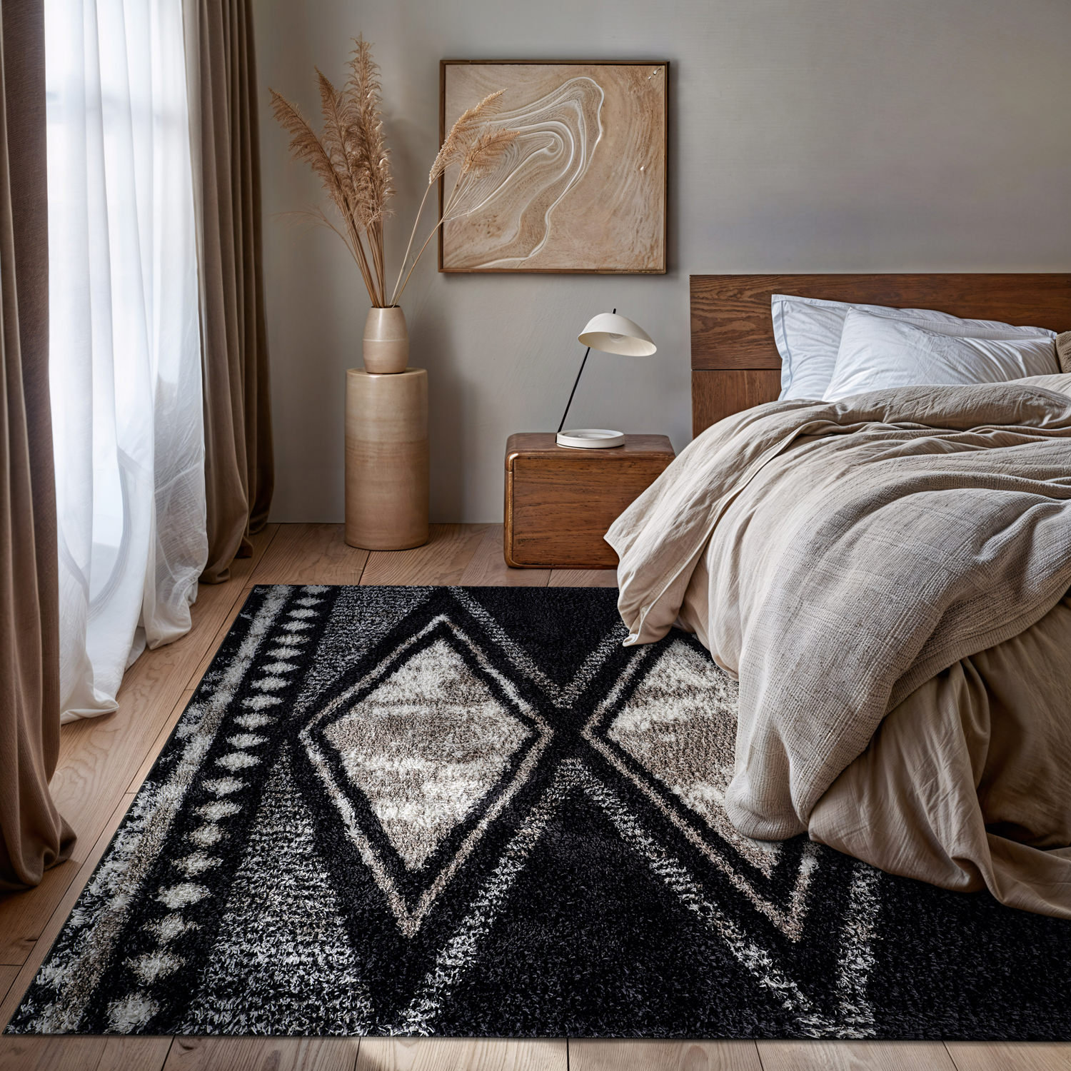 Ebern Designs Geometric Grid Pattern Shag Rug – Anthracite Dark Grey ...