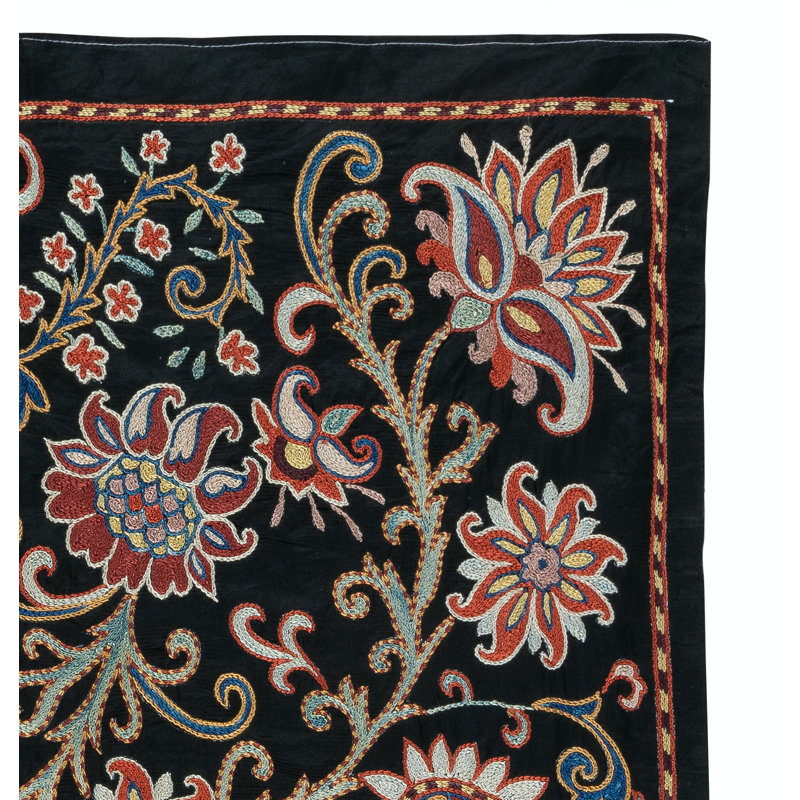 Décoration murale brodée 100% soie 28 x 29 po. Nouvelle nappe. Décoration murale Boho. Jeté noir