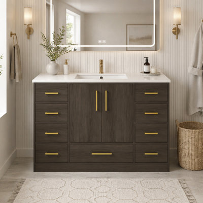 48"Dark Brown Bathroom Vanity. Abundant Storage Cabinet -2 Soft close doors and 9 drawers