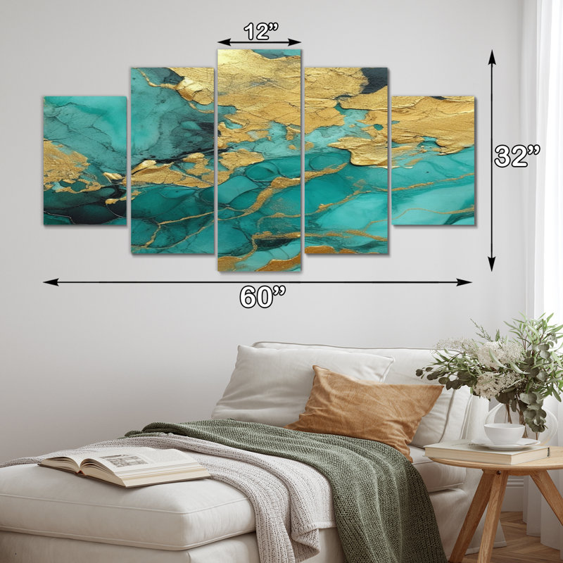«Blue Watercolor Impression With Gold II», reproduction sur toile - 5 panneaux