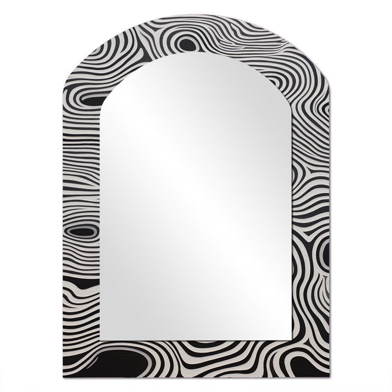 Black White Minimal Labyrinth Waves - Abstract Line Art Modern Wall Mirror In Asymmetrical Shapes, 34'' x 25''