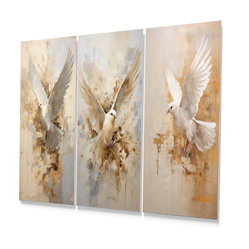 Minimalism Beige And Gold Dove - Dove Metal Prints Set Of 3, 28" H x 36" W
