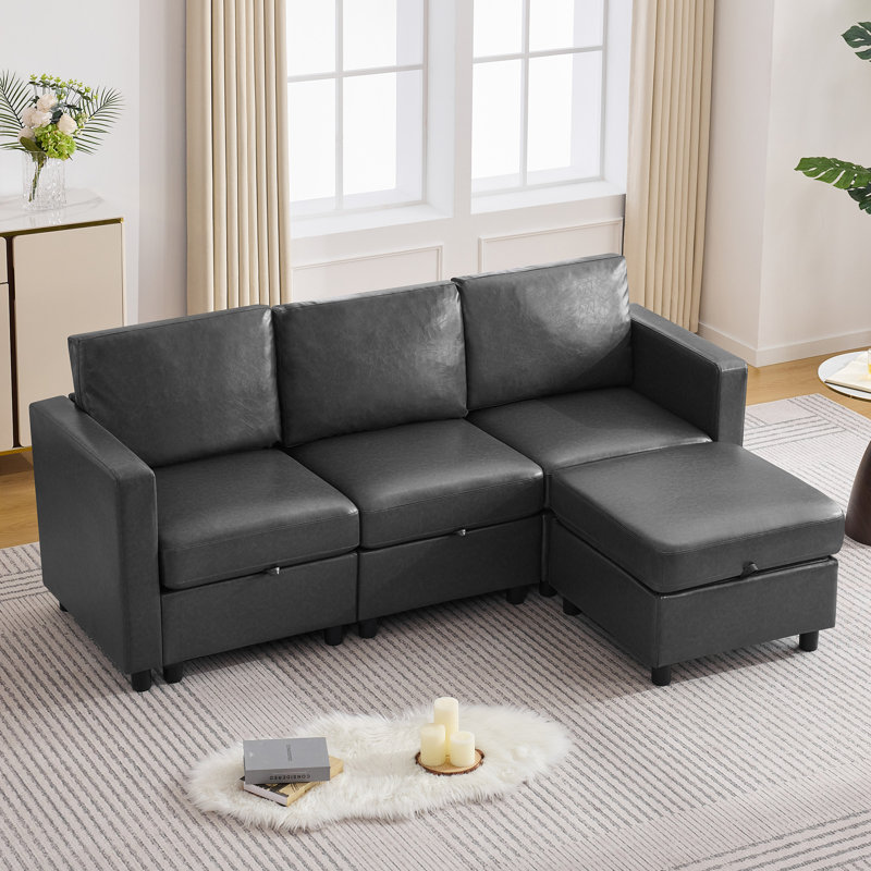 Ensemble de canapé modulaire en similicuir avec repose-pieds de rangement - 3 places + repose-pieds, 3 Seat + 1 Ottoman, Grey