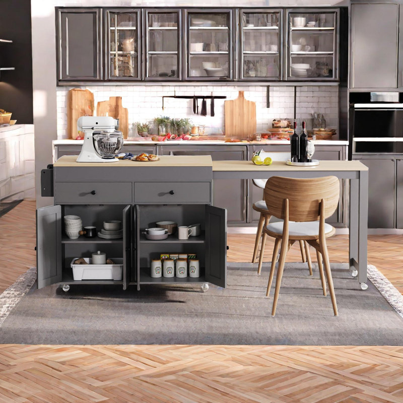 Kitchen Island with Extendable Dining Table, Gray