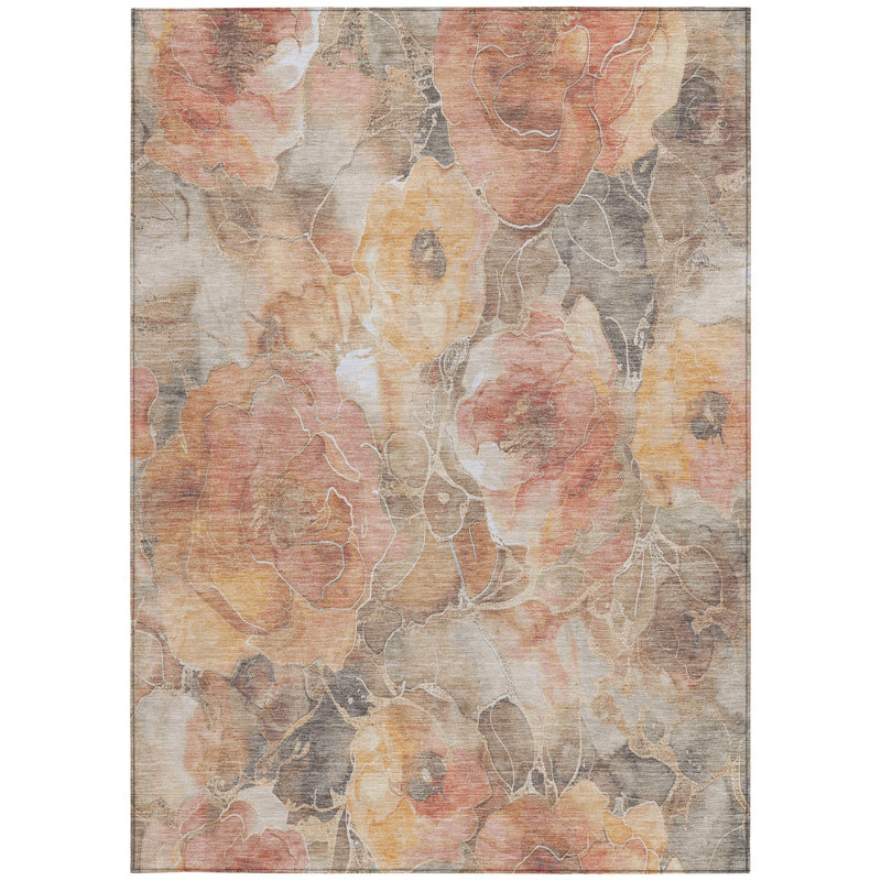 3' X 5' Peach And Gray Floral Washable Indoor Outdoor Area Rug