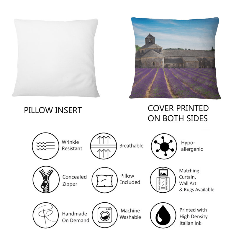 Rectangle, champ de lavande avec abbaye en France - Coussin Farmhouse