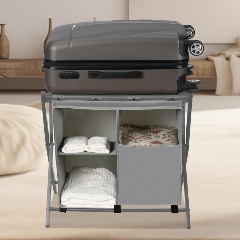 Gray Steel Folding Luggage Rack with Laundry Bag