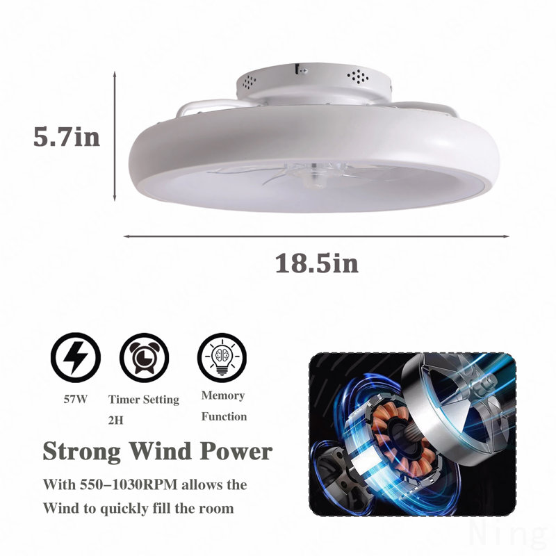 19" Matte White Bedroom Fan Light With Remote Control, Dimmable, 7 Blades, Reversible Dc Motor, With Led Light, White