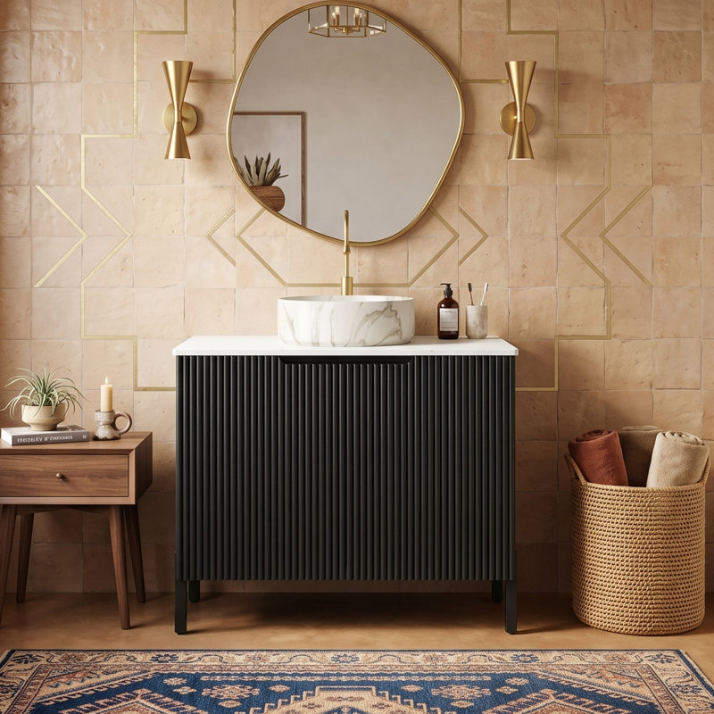 Meuble-lavabo simple autoportant de 30 po avec lavabo rond en céramique et 1 porte à fermeture en douceur, Noir