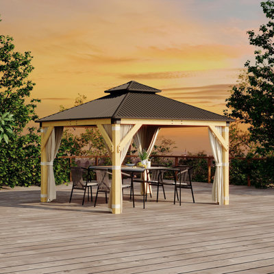 12x12 FT Hardtop Wooden Gazebo, Spruce Wood Frame & Galvanized Steel Double Roof with Nettings & Curtains for Patio Backyard