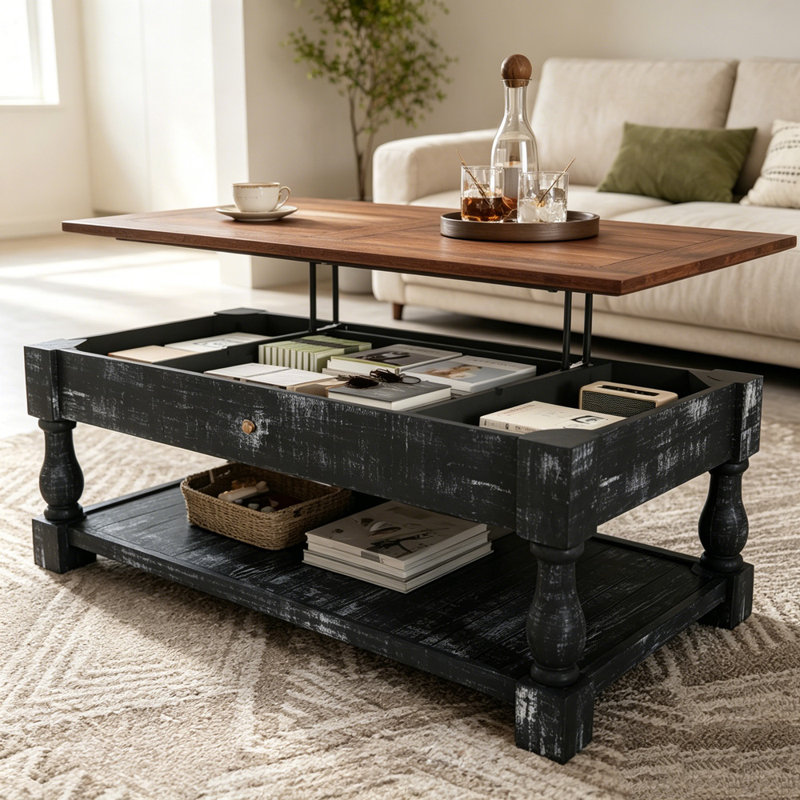 Table basse à plateau relevable avec rangement pour le salon, le compartiment caché et la tablette inférieure