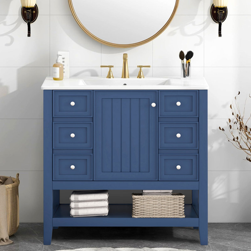 Ensemble de meuble-lavabo avec lavabo, une armoire et trois tiroirs, Bleu