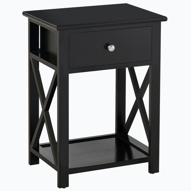 Marhill End Table Nightstand with Storage Drawer, Open Shelf, Black