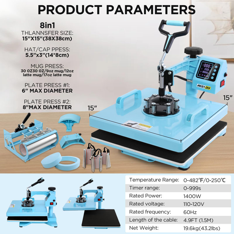 Delia 8 in 1 Sublimation Shirt Printing Hat and Mug Heat Press Digital Heat Press Machine, Blue