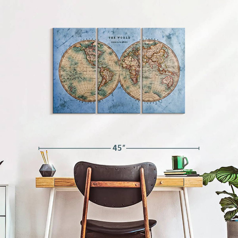World Map " Ocean Hemispheres Map " by Tess P 3 - Pieces, 38" H x 24" W x 1.25" D