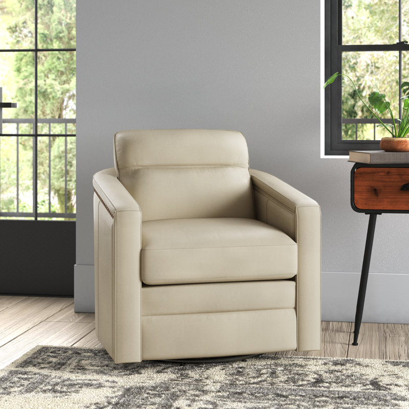 Alfonso 28.74'' Wide Genuine Leather Swivel Barrel Chair with Nailed Trim, Beige Genuine Leather