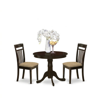 Ensemble de table à manger ronde cappuccino sur pied central, 3 pièces, avec chaises à assise rembourrée