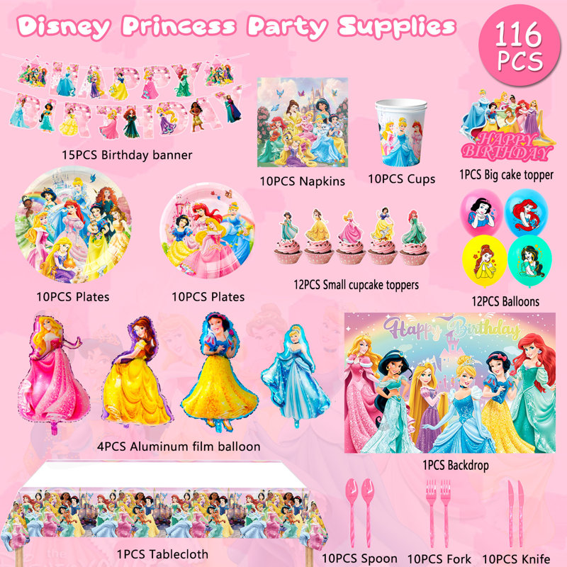 Articles de fête d'anniversaire princesse, 116 pièces décorations de fête princesse