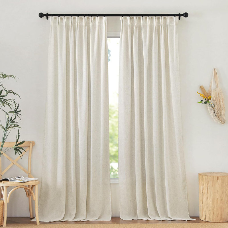 Natural Thick Linen Curtains for Bedroom, Pinch Pleated/Rod Pocket/Back Tab Privacy Added Window Treatments with Light Filtering for Living Room, 2 Panels