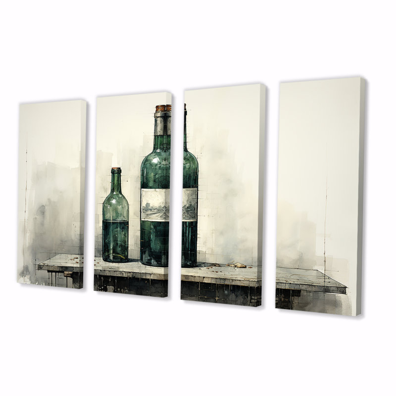 «Green Minimalist Wine Bottles Silhouette II», ensemble de 4 décorations murales, H 28 po x l 48 po