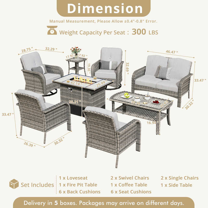 Ensemble de meubles de patio extérieur en osier 8 pièces Sturgill avec table de foyer, chaises berçantes pivotantes et coussins moelleux pour la cour, la terrasse et la piscine