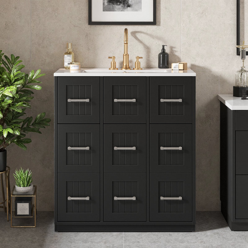 Meuble-lavabo moderne 30 po avec lavabo sous comptoir, tiroirs à fermeture en douceur, rangement escamotable et finition noire