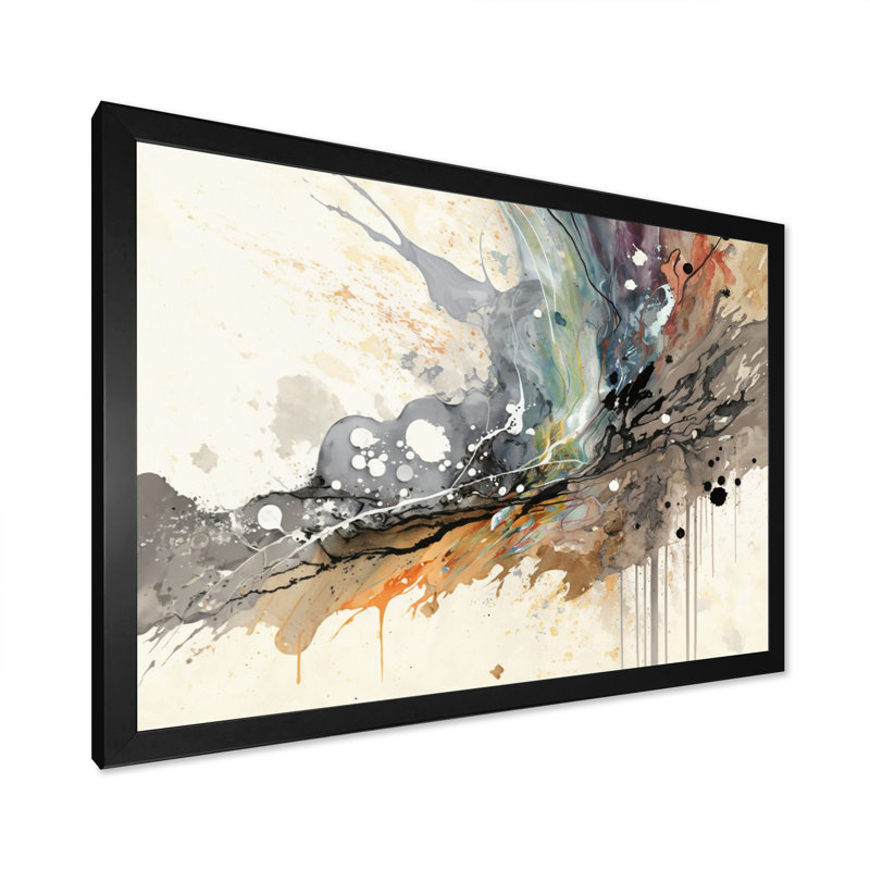 «Jazz Rhythms In Shades Of Grey III», art abstrait à l'encre liquide, Cadre simple noir, H 12 po x l 20 po x P 1 po