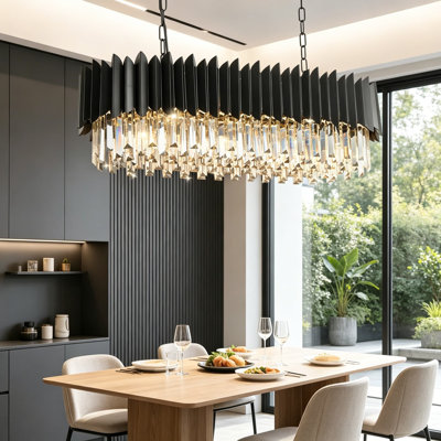 Modern Black Rectangular Crystal Chandelier 33 Inch, 3-Tier 8 Light Oval Ceiling Pendant Light Fixture for Dining Room Kitchen Island Living Room, Clear K9 Crystals
