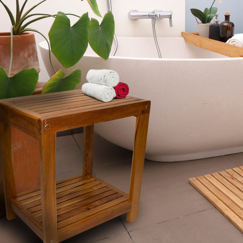 Nordic Teak 18" Natural Shower and Bath Spa Bench with Shelf