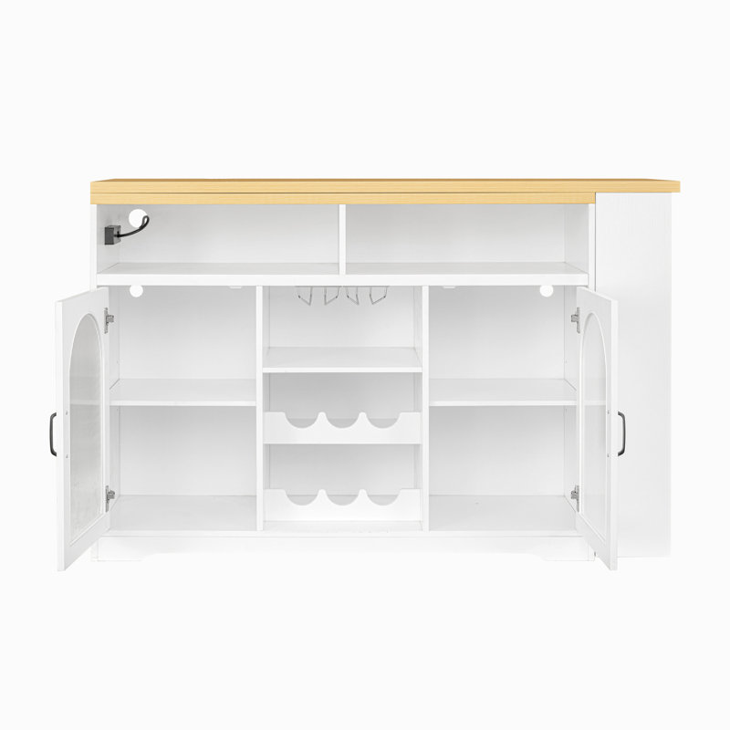 Îlot de cuisine moderne Baylen avec plateau de table extensible, éclairage DEL, support à vin et prise de courant, Blanc