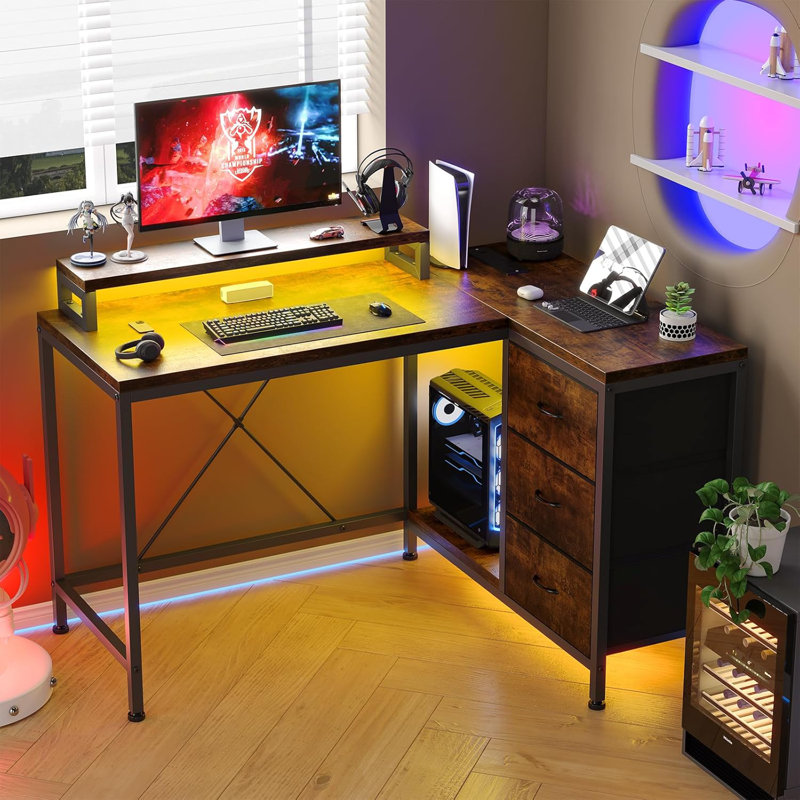 L Shaped Office Desk with Power Outlets, Computer Desk with Drawers, Shelves, for Gaming, Corner Work, Home Office, Study