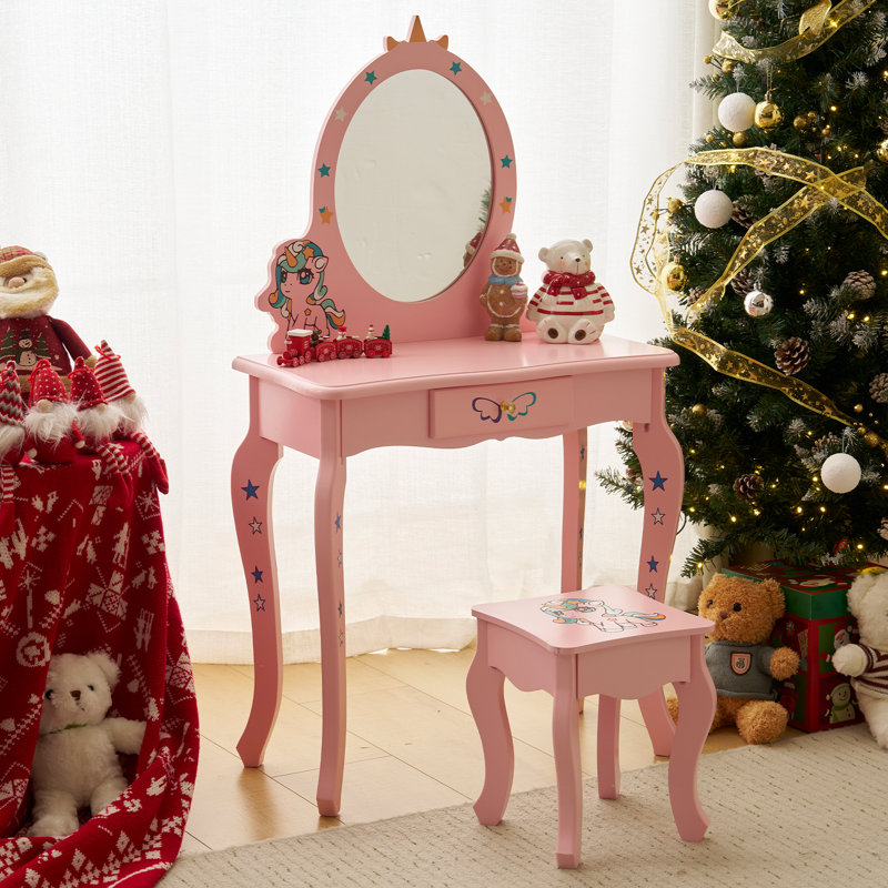24"W Unicorn Kids Vanity Set With Mirror, Pink