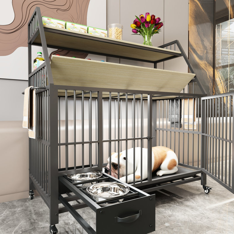 Cage pour animaux avec fer - pratique et exquise, beige noir, 48,7 po Grand, 23,29 de large, 34,73 de large avec rangement sur roulettes, et pratique, beige / noir, l, P, H